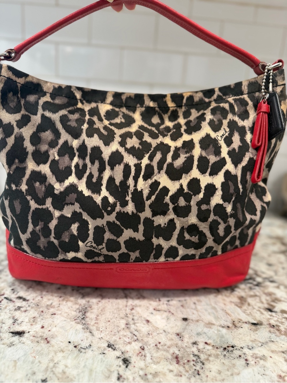 Coach Leopard Print Canvas Shoulder Bag with Red Leather Trim